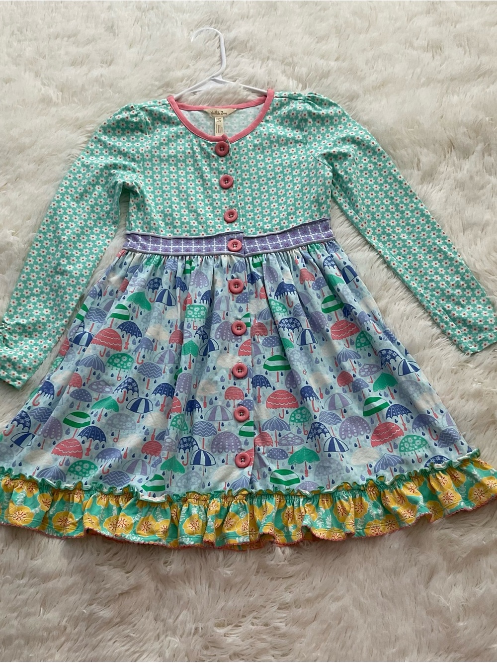 Matilda Jane Mint & Multi-Color Umbrella Print Long-Sleeve Dress